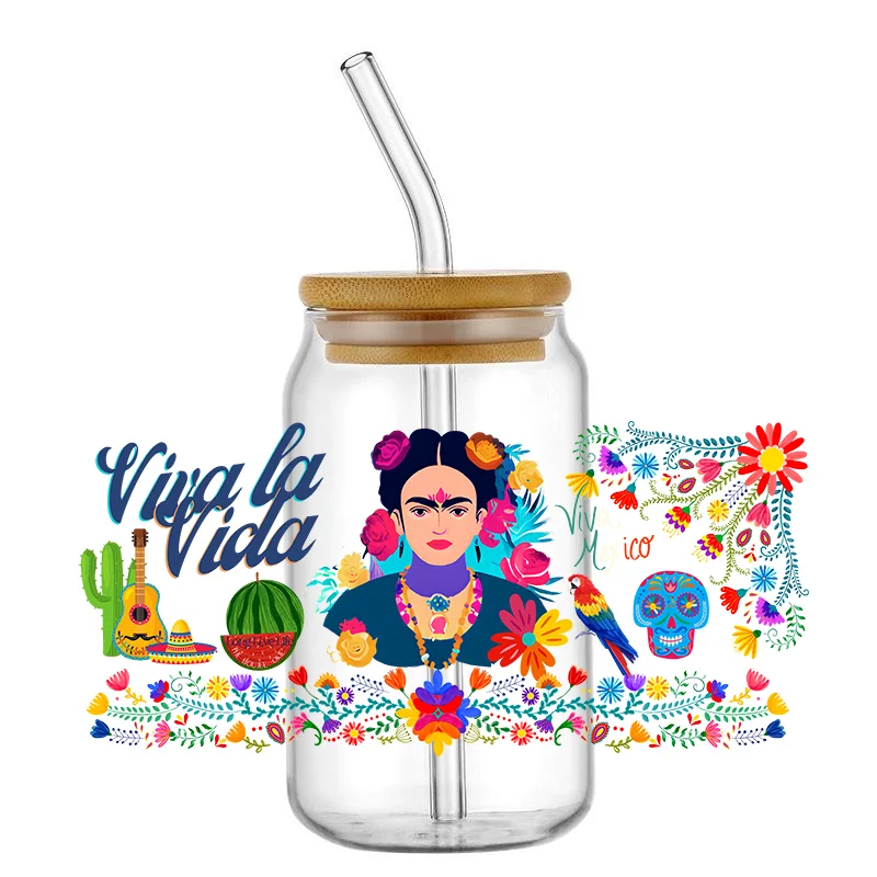Смешанные мексиканские девушки 3D UV DTF переводные наклейки 16 унций фотокофе