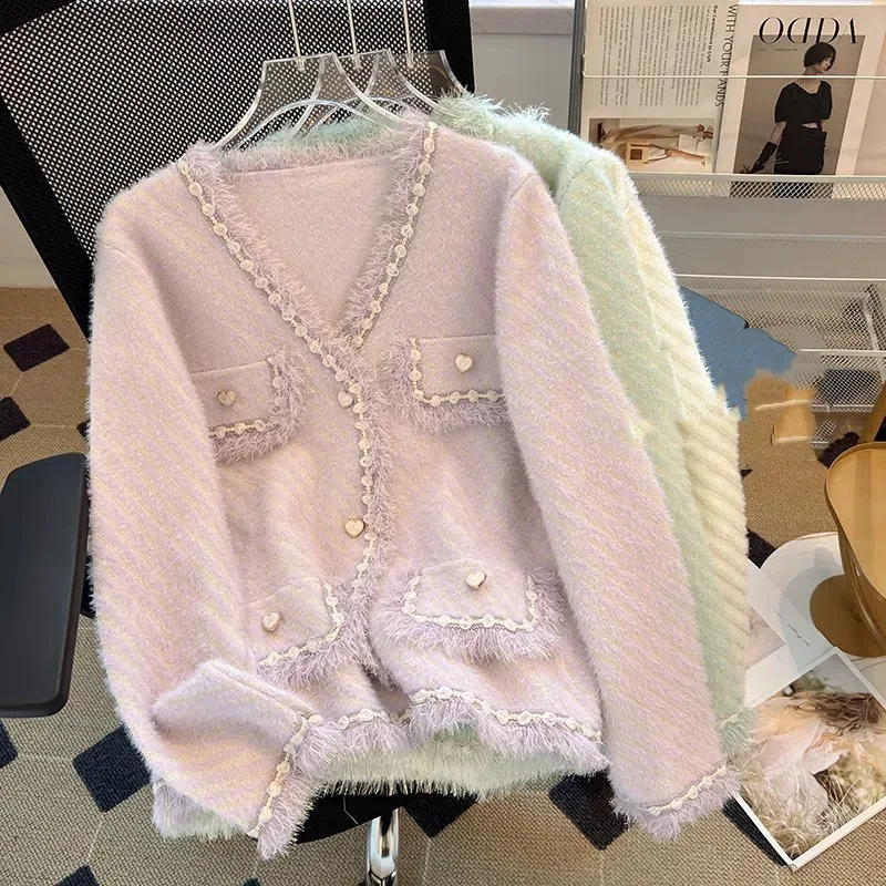 Новинка осени 2024 фиолетовый вязаный кардиган с v-образным вырезом и кисточками