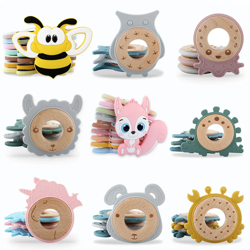 

Animal Baby Teether Silicone Wooden Bee Squirrel Unicorn Rodent DIY Infant Pacifier Chain Food Grade Baby Teething Chew Teethers