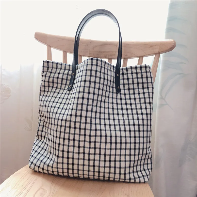 

Teenager Recycled Cotton Cloth Plaid Big Size Laptop Handbag Student Casual Roomy School Book Laptop Grocery Top-handle Tote Bag