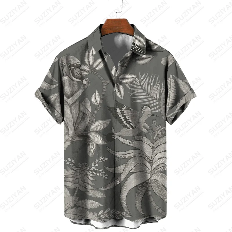 

Stand Collar Wild Fashion 3D Printing White Shirt Korean Fashion Hawaiian Shirt Men Plants Urban Style Mens Clothing