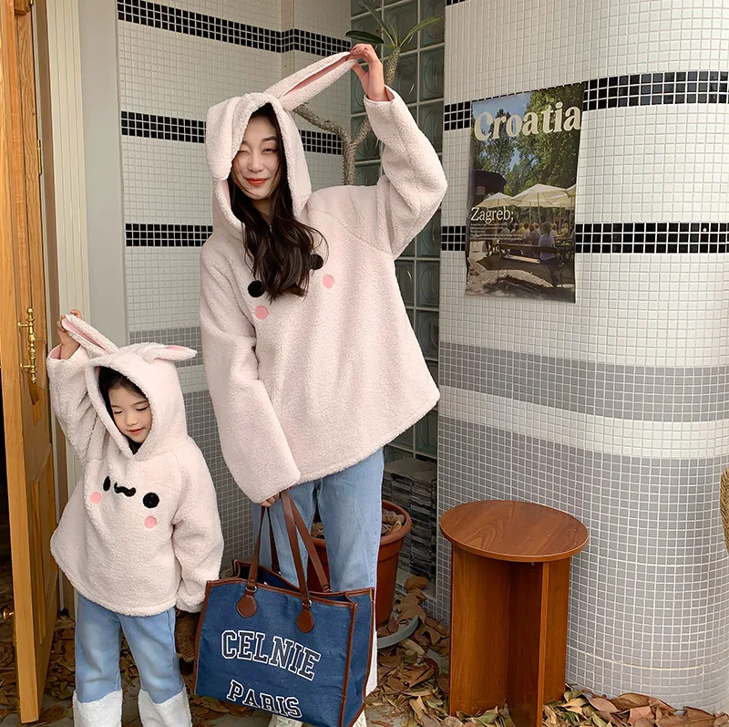 

2022 Winter Korean New Mother Daughter Mother Son Cartoon Rabbit Wool Sweater Outerwear & Coats Matching Family Outfits