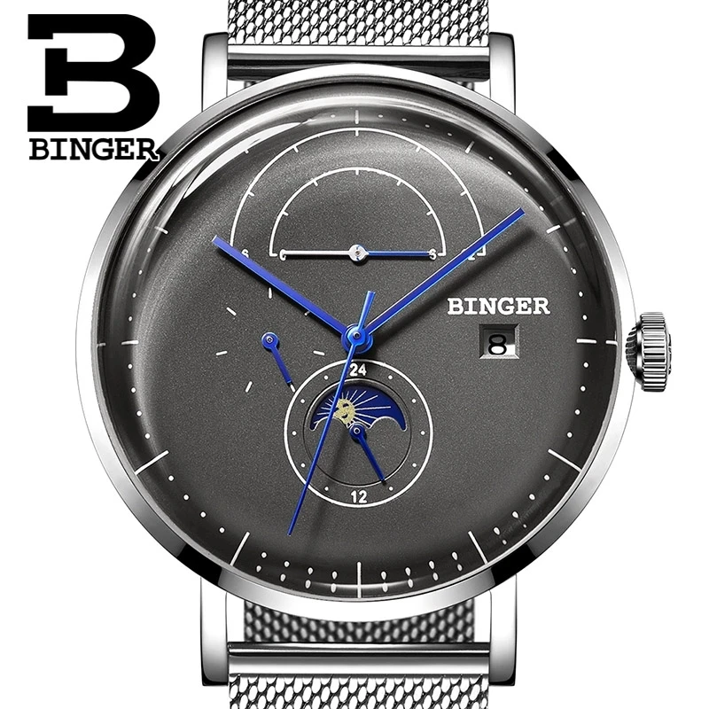 

Original BINGER Mens Watches Brand Automatic Mechanical Sapphire Clock Steel Male Moon Phase Calendar Month Week reloj hombre