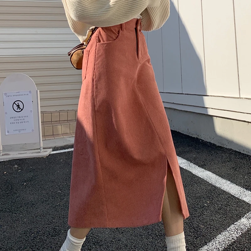 

Korean Maxi corduroy Skirt Women pink Long Skirts autumn winter Vintage High waisted solid Split Skirts Women A-line Long skirt