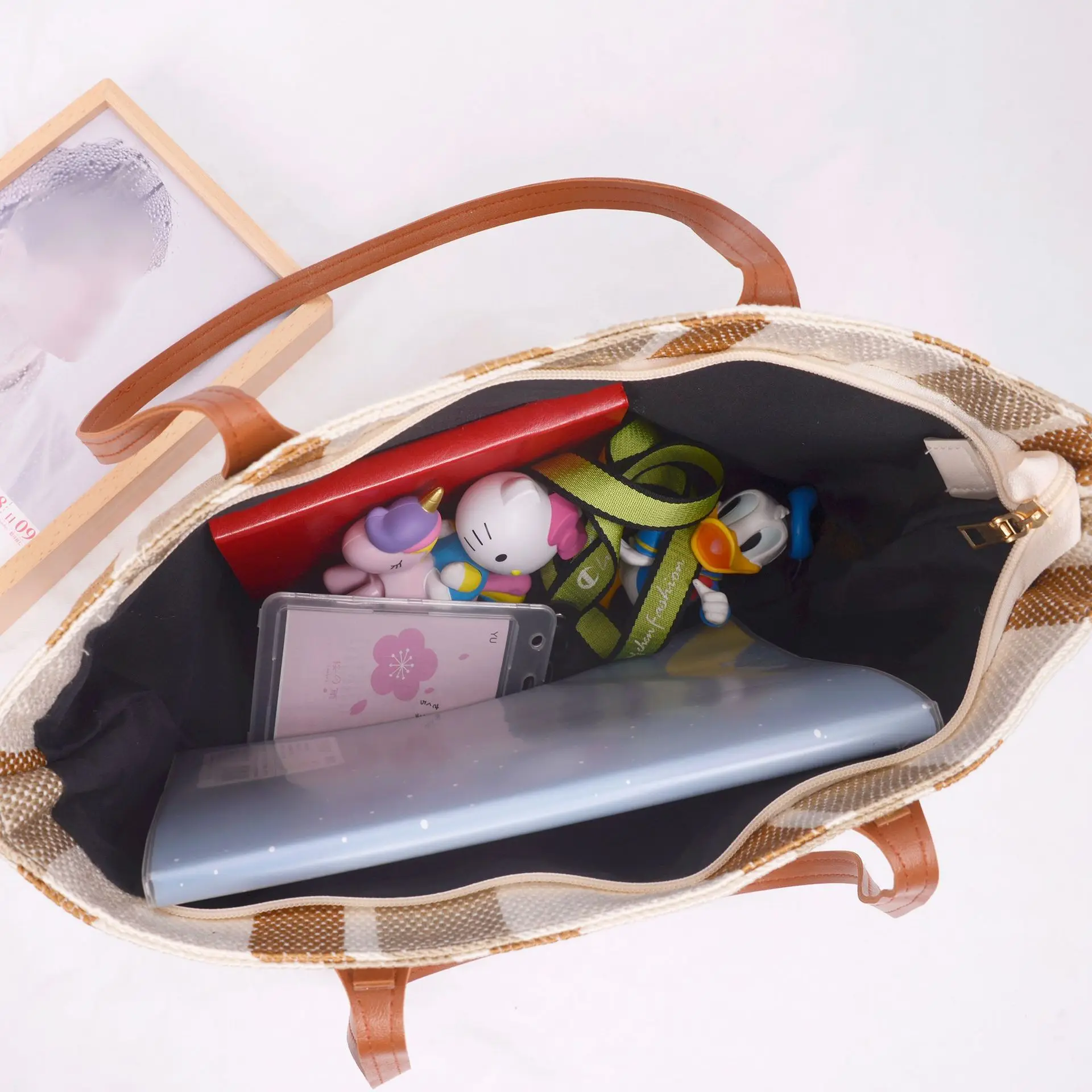 Fashion Large Capacity Zipper Canvas Handbag for Women Vintage Striped Tote Bags for Women Female Portable Business Briefcase