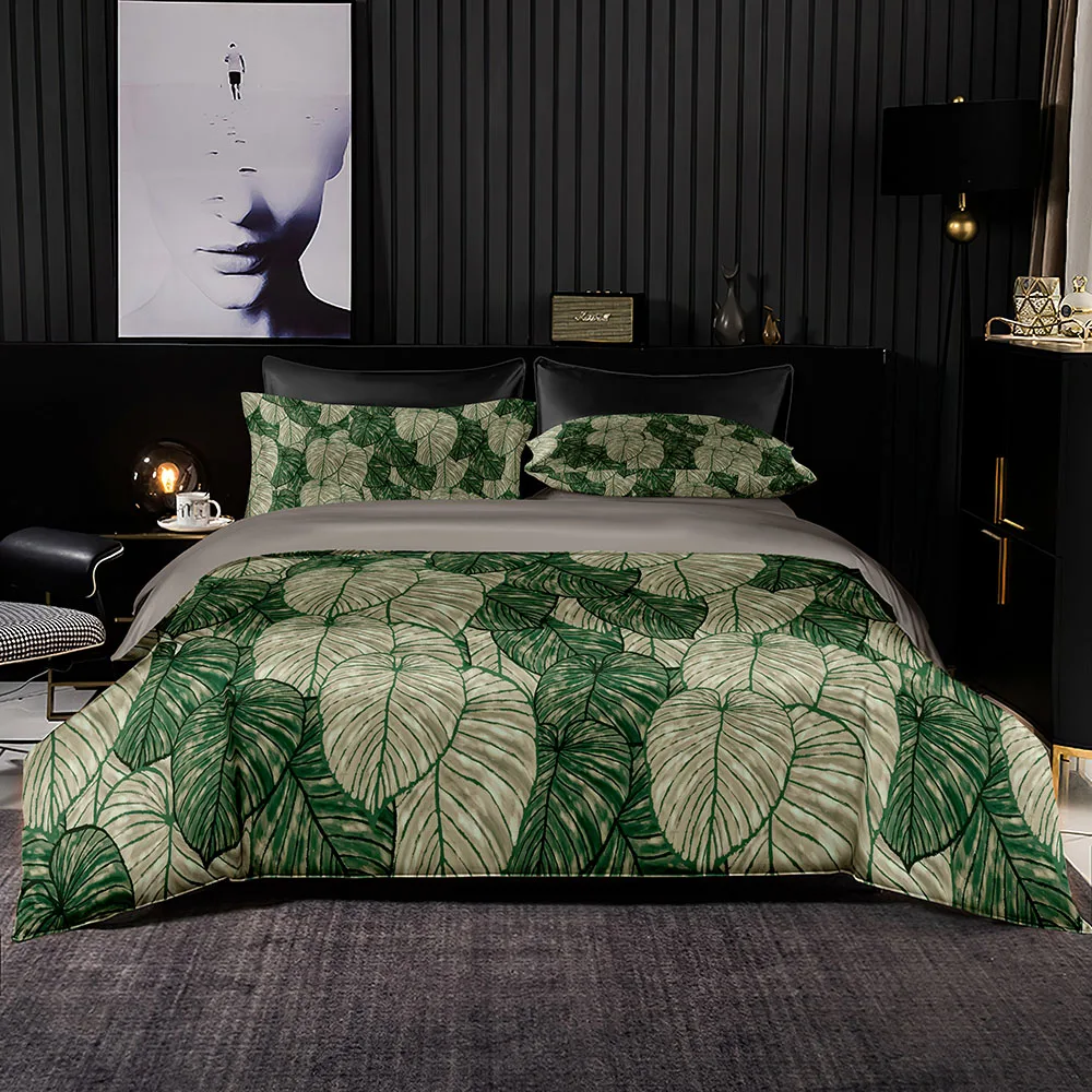 

Leaves Covered Bedding Set 2/3Set,Dark or Light Green Print Duvet Cover 220x240,King Queen Full Size with Pillowcase for Bedroom
