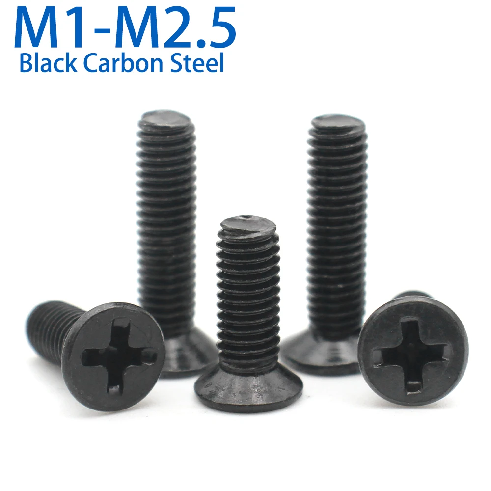 

50/100 шт. M1 M1.2 M1.4 M1.6 M1.7 M2 M2.5 Крошечный крестообразный винт с потайной головкой и плоской головкой Мини-маленький черный стальной винт