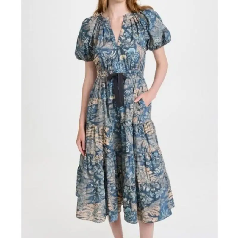 

Новинка 2023, летние весенние высококачественные хлопковые синие модные женские платья с цветочным принтом для праздника, Лидер продаж, женская одежда