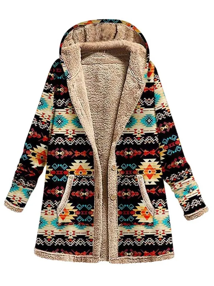 Зимняя Флисовая теплая куртка с капюшоном Женская мода этнический принт длинным