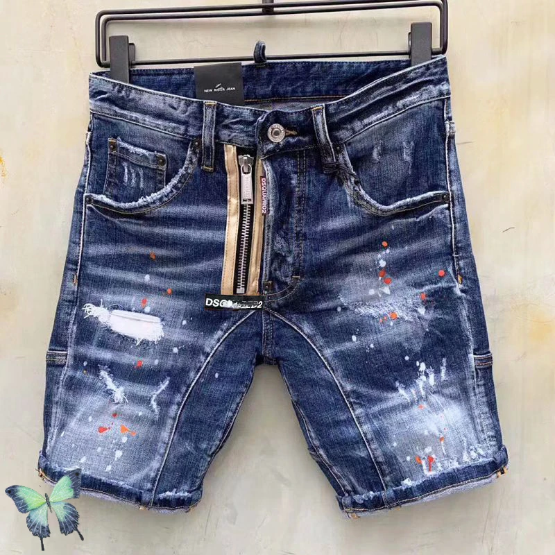 

DSQ2 Men's Denim Jeans Pants Fake Zip Decorative Splash Ink Shorts Jeans
