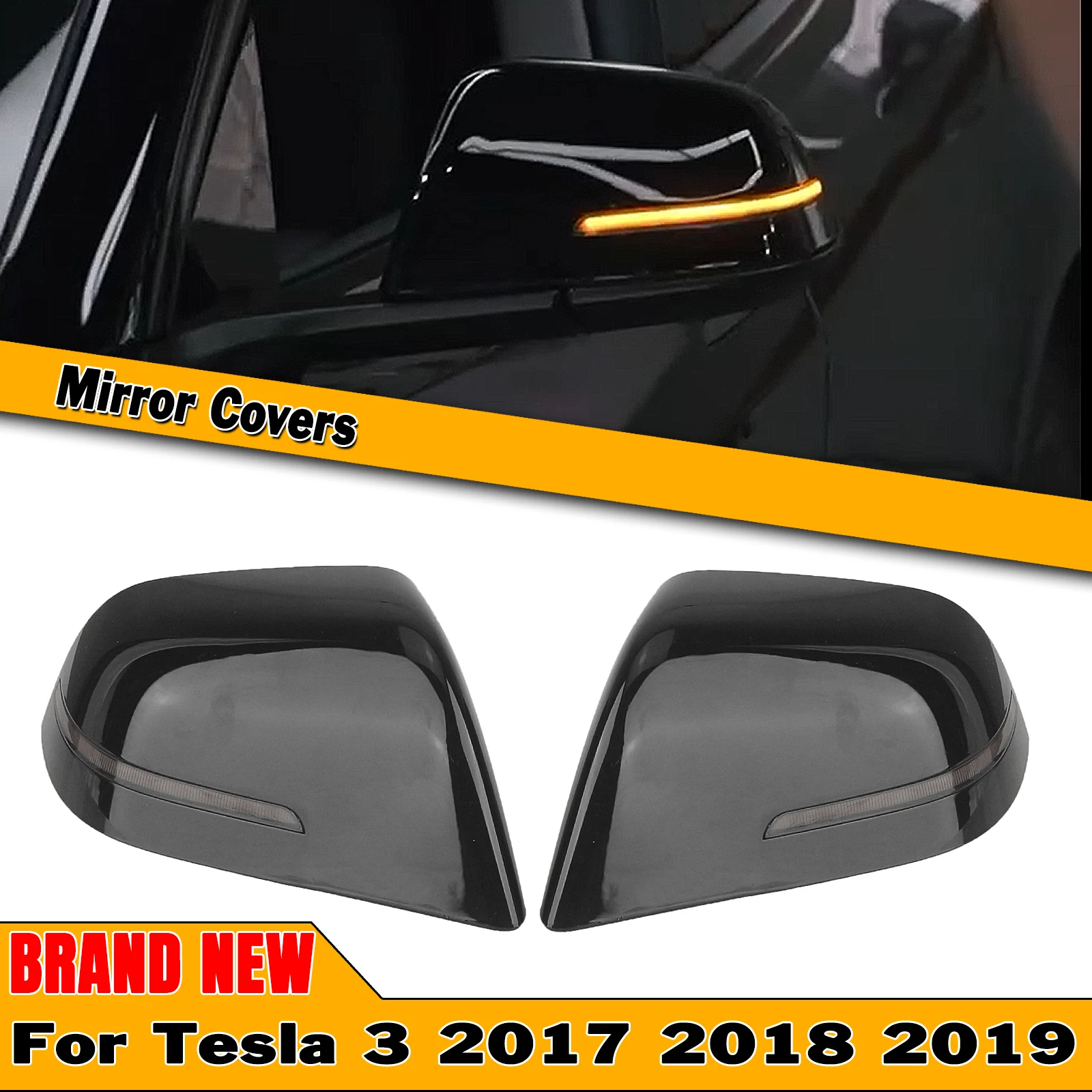 

Car Rear Mirror Cover W/ LED Light View Cap Shell Case Clip On Glossy Black For Tesla Model 3 2017-2023