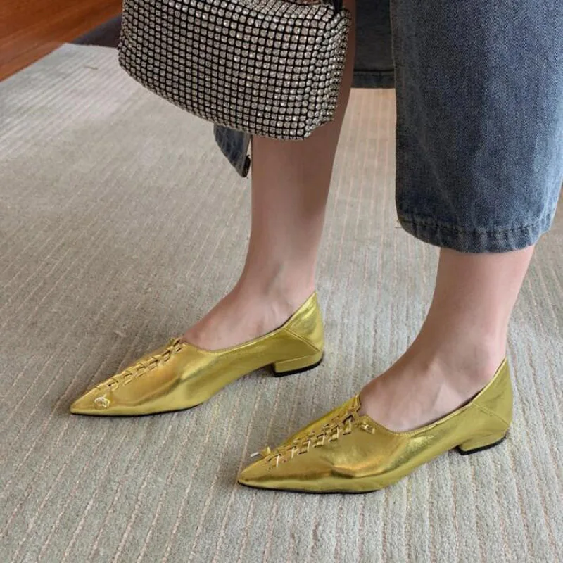 Brand Women's Flats Ladies Knit Pointed Casual Ballet Shoes Soft Pregnant Shallow Loafers Femme Ballerine Gold White Black SZ4-3