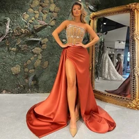 mermaid evening dress high slit pleated sleeveless sexy evening gown for women strapless beading luxury formal party dress 2022