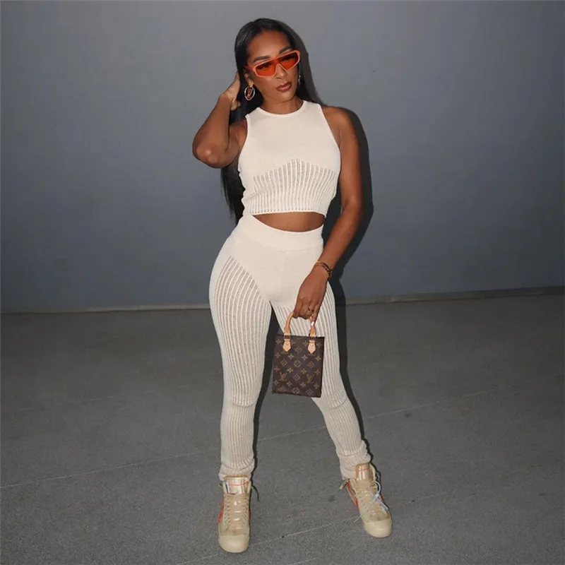 

Casual Soft Knitted Two Piece Set Women Solid Skinny Unique Design Sleeveless Vest+ Stretchy Mid Waist Pants High Street Outfits