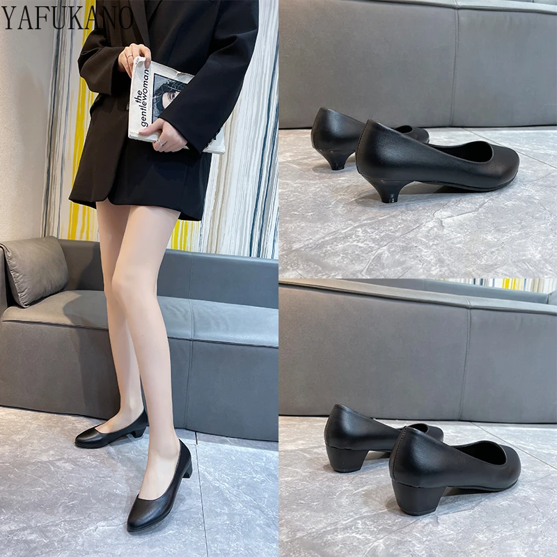 

2022 New Simple Fashion Casual Single Shoes Thick Heel Mid Heel Students Shallow Mouth Round Toe Work Shoes Classic High Heels