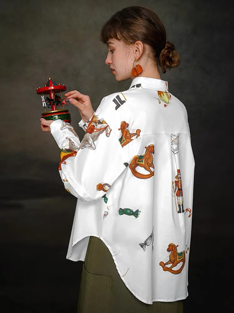 Женская рубашка/блузка из хлопка белая Свободная с круглым вырезом и