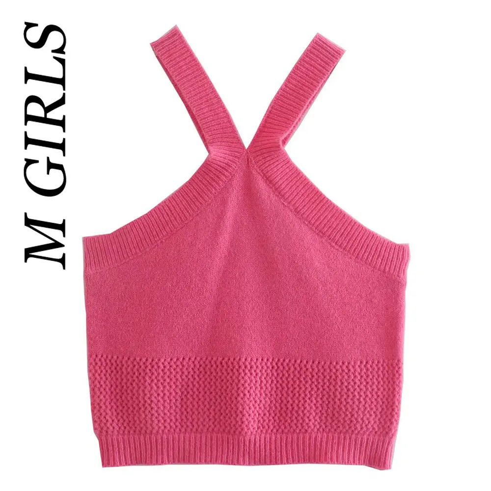 

M для девушек женщин мода перекрестный воротник вязаные Майки Топы винтажный с открытой спиной без рукавов женский Camis Mujer