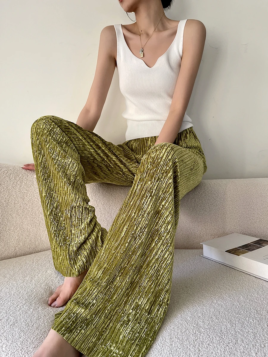 

2022 summer women's drape wide leg pants Casual Corduroy Pleated MID