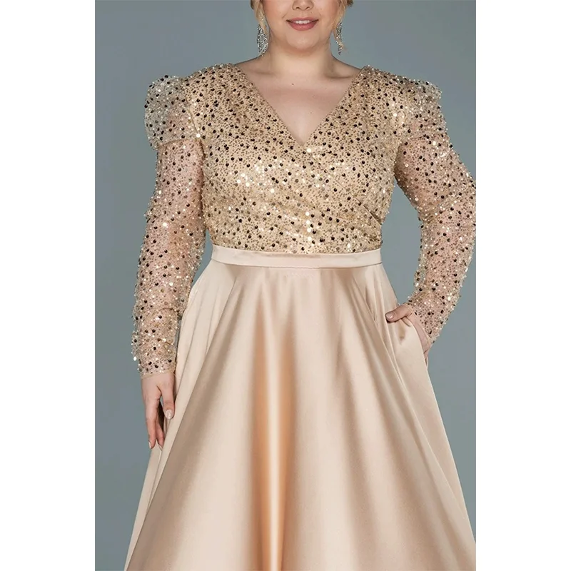 Plus Size Prom Luxury Shiny Apricot Multicolor Satin Evening Dress 4XL5XL Party Banquet Grand NoblePlus Size Evening Desses