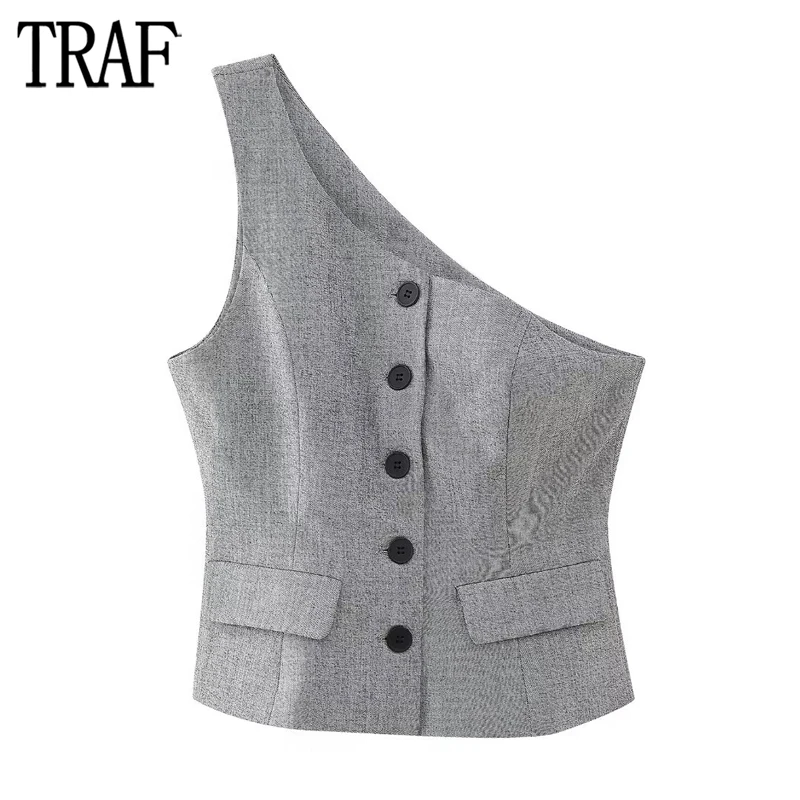 

TRAF Sleeveless Vest Woman 2023 Grey Asymmetric Waistcoat Women Button Cropped Jacket Women Autumn Off Shoulder Vests for Women
