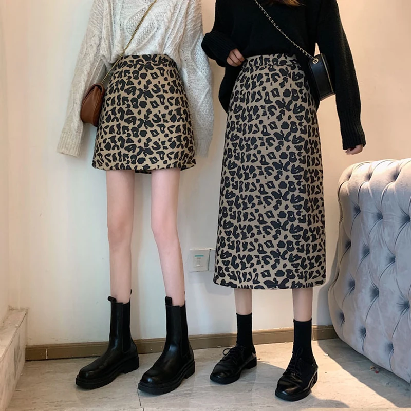 

2022 Spring Autumn New Women's Korean High Waist Leopard Print Skirt A-line All-match Mid-length Fashion All-match Skirts
