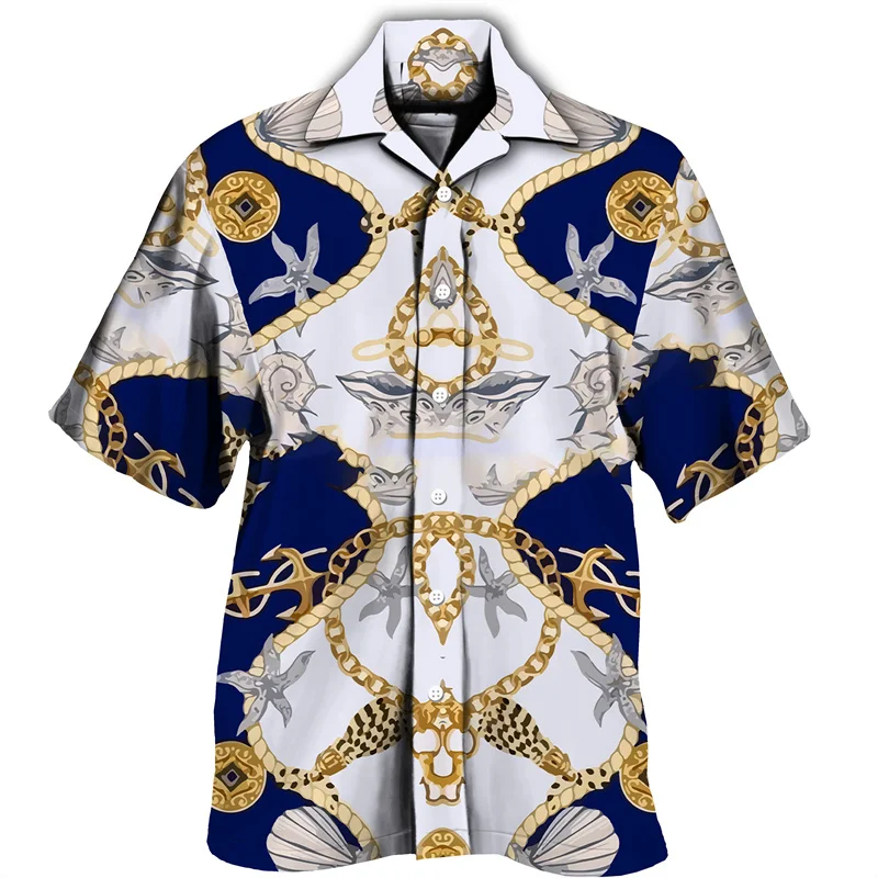 

Luxury Social Men Hawaiian Shirts Fashion Chain Print Short/Long Sleeve Turn-down Collar Button Up Tops Male Party Club Clothing