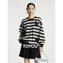 Toyouth Women Fleece Sweatshirt 2023 Autumn Long Sleeve O Neck Loose Hoodies Black Gray Stripe Star Embroidery Casual Warm Tops