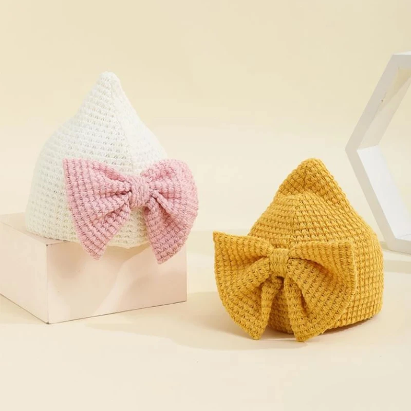 

0-24M Baby Girl hat with Bows Beanie Cone cap For Newborn Turban Knitted Indian Caps Boys Ear Warmer Hats Photo Shoot Headdress