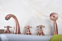 antique red copper brass three cross handles deck mounted 5 holes bathroom tub faucet mixer tap with handshower mtf182