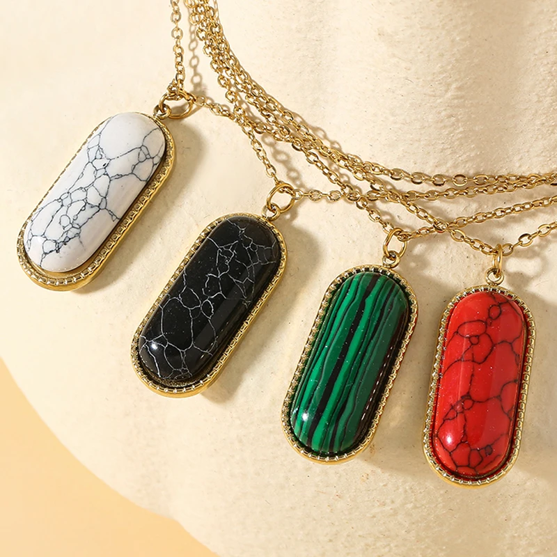 

Bohemia Turquoise Natural Stone Rectangle Pendant Necklaces for Women Stainless Steel Engagement Necklaces Boho Women Jewelry