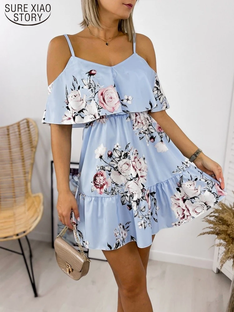 

New Fashion Strapless Sling Dress for Women 2022 Sexy Floral Knee Length Party Dresses Printing V Neck Evening Dress 20517