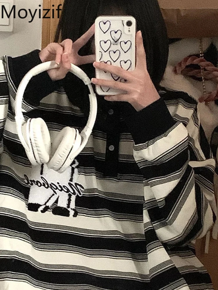 

Рубашка-поло Moyizif в полоску с длинным рукавом, повседневные футболки оверсайз, весна-осень, элегантные шикарные топы для студентов