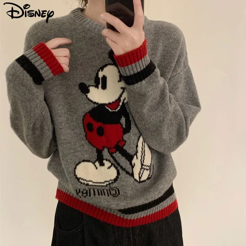 Фото Новое поступление от Disney: модные повседневные хлопковые свитера в полоску с Микки Маусом, осенне-зимние толстые плюшевые свитера с круглым вырезом №3