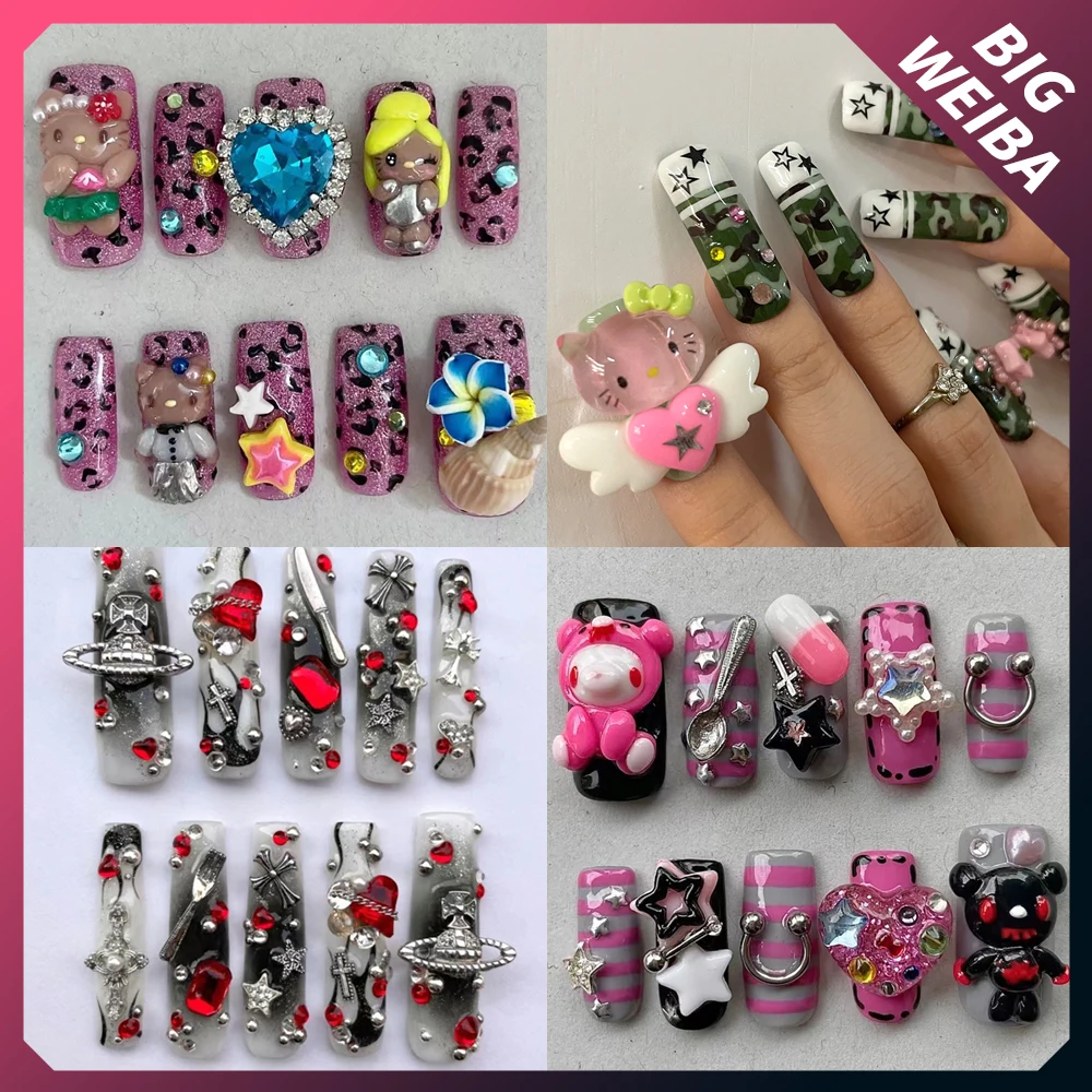 

Kawaii Dolls Hello Kitty Nail Nails Wearable Fake Nails Press On Square Head Full Cover Customizable Manual Work Fake Nails