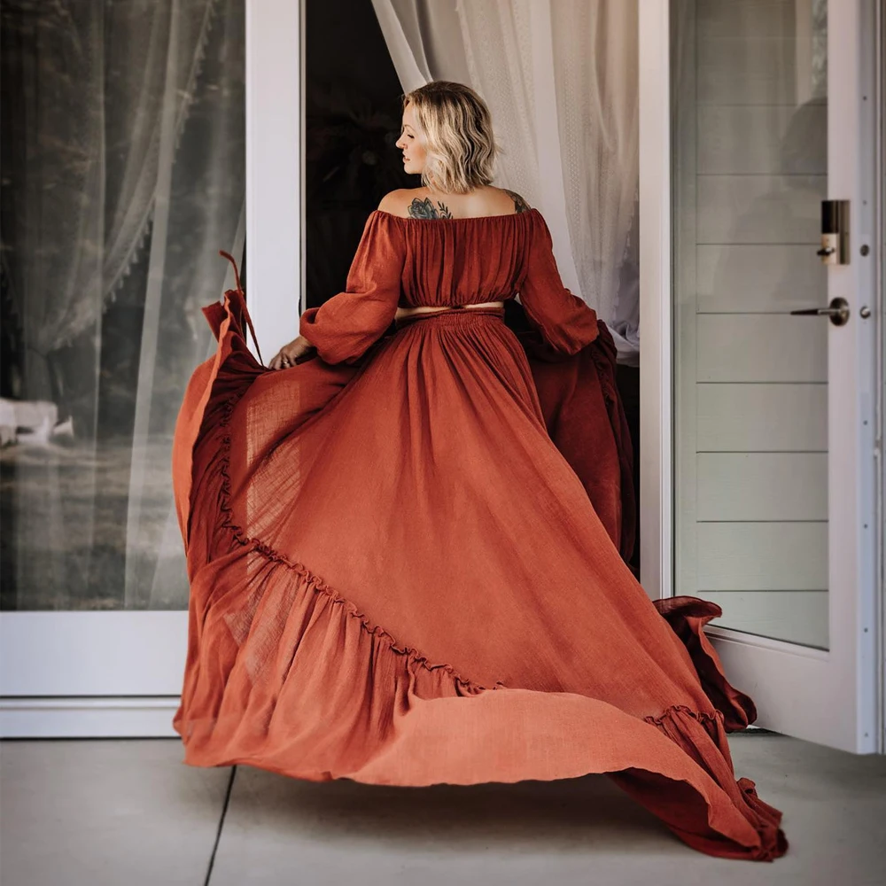 Удобный льняной хлопковый комплект из двух предметов короткий топ с длинным