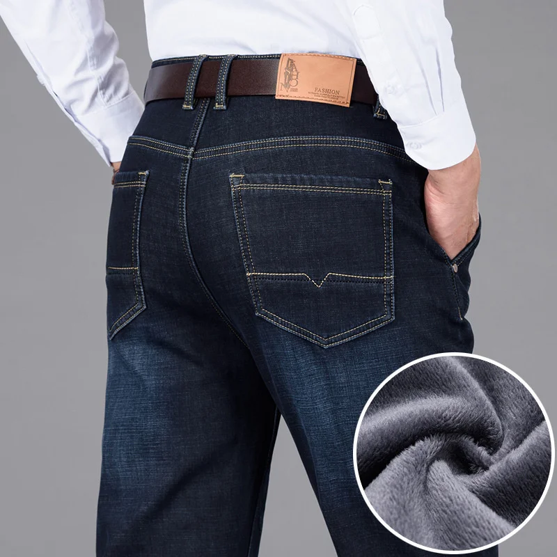 

New Men's Winter Fleece Warm Jeans Classic Style Business Casual Regular Fit Thick Stretch Denim Pants Male Long Trousers