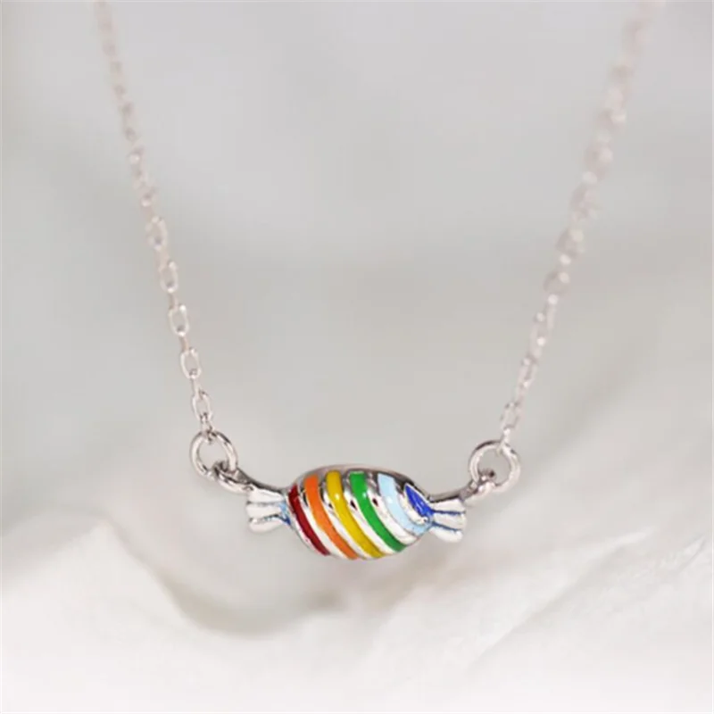 

Fashion 925 Sterling Silver Pendant Cute Sweet Rainbow Candy Clavicle Chain Necklaces For Women Female Gift Jewelry N266