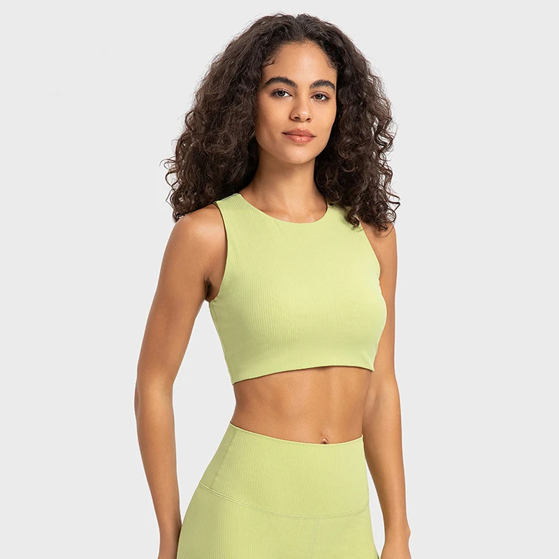 

High Neck Anti Glare Wide Shoulder Strap Threaded Muscle Sensation Sexy Back Exercise Fitness Yoga Top