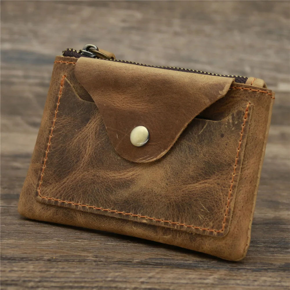 

Real Leather Wallet Coin Purse Cowhide Crazy Horse Leather Mini Zipper Pocket Card Holder for Men Women Retro Coin Wallets Pouch