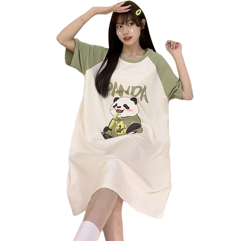 Summer Women Nightgown Pajamas Cartoon Panda Print  Nightdress Cute Sleepwear Girl Pijamas Mujer  Women Leisure Homewear