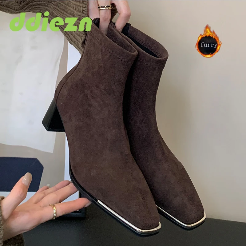

Flock Ankle Boots Women Shoes High Heels Autumn Winter Fashion Warm Furry Female Square Toe Footwear Short Ladies Modern Boots