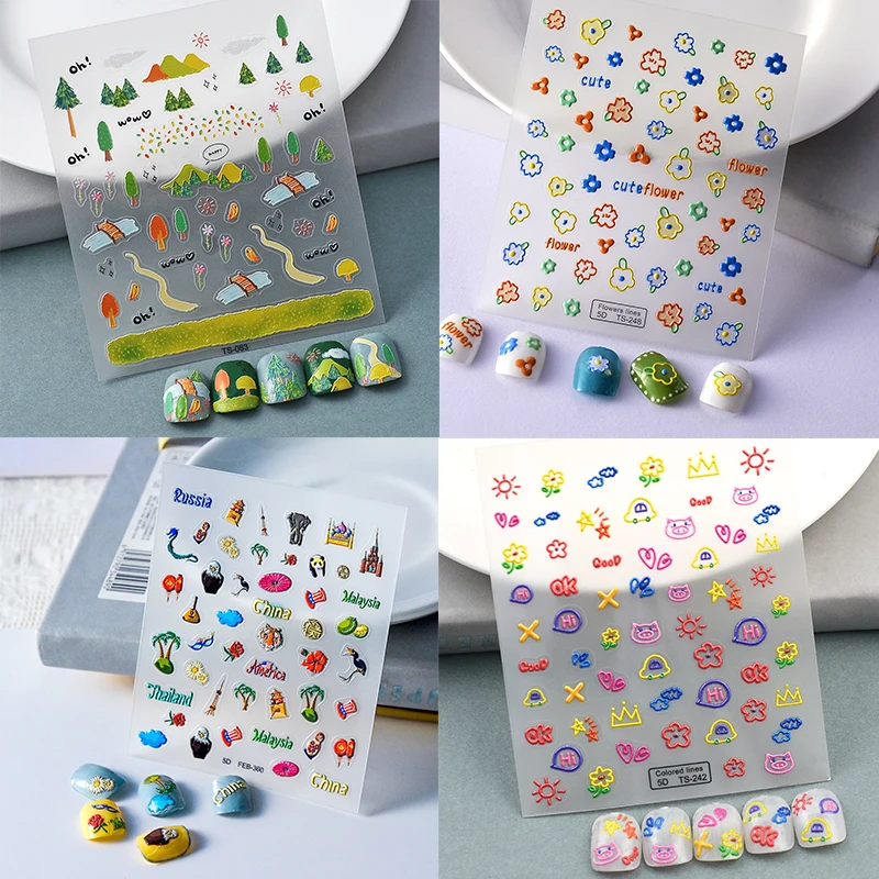 

Cute Nail Stickers for Kids and Women 5D Self-Adhesive DIY Nail Art Decals Tree Sun Heart Pattern Manicure Girls Birthday Gift