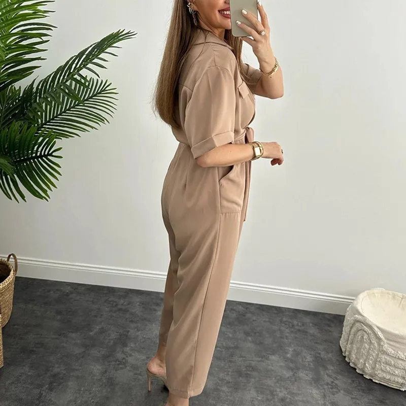Temperament Commuting Solid Color Tie-up Nine-point Jumpsuit with Pocket Fashion All-match Ladies Short-sleeved Jumpsuits