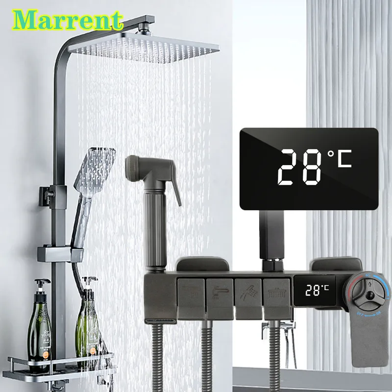 

Gray Piano Digital Shower System 12 Inch Rainfall Shower Head Brass Hot Cold Bathroom Faucets Tap Thermostatic Shower Set