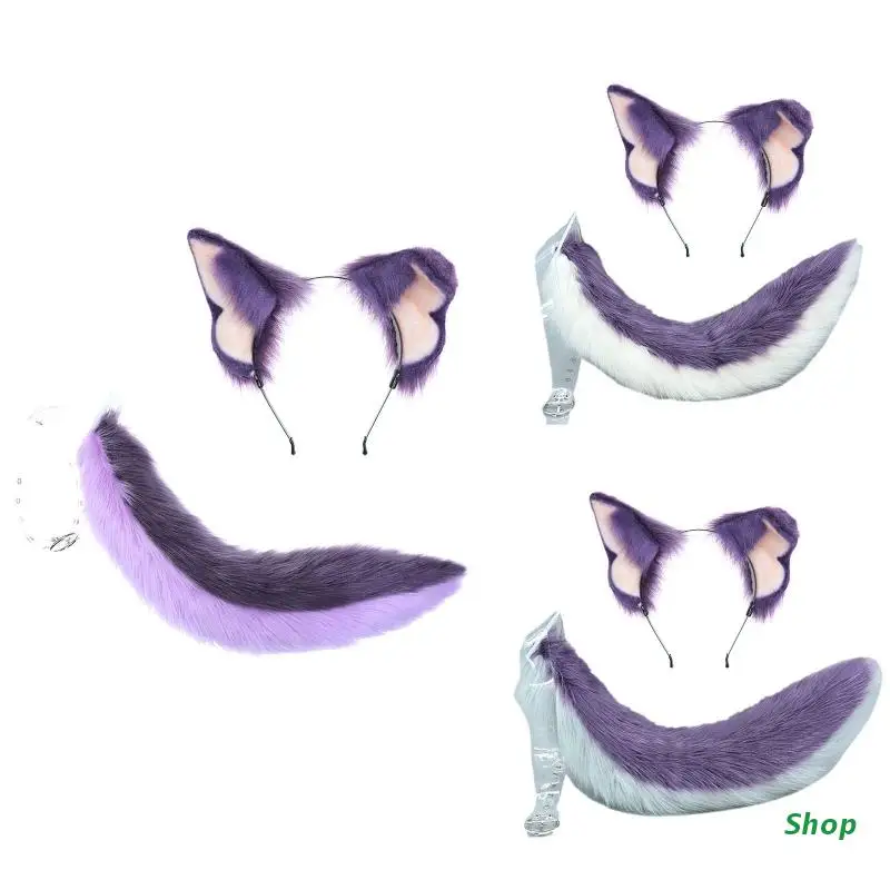 

L5YC Simulation Animal Ears Animal Tail Set Ears Headband Plush Tail Set for Party