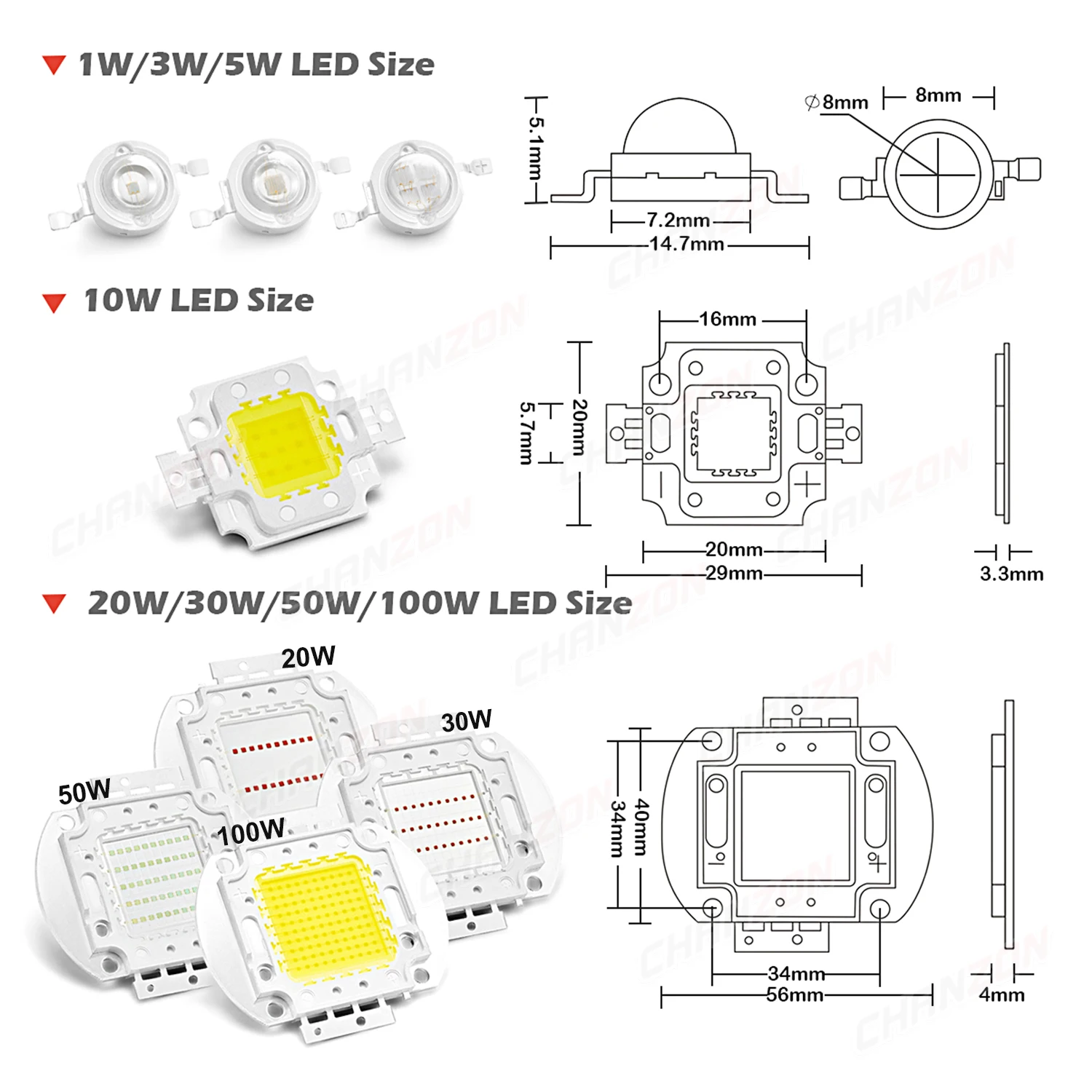 Высокая мощность LED COB лампы Чип 1 Вт 3 5 10 20 30 50 100 Теплый Холодный белый красный