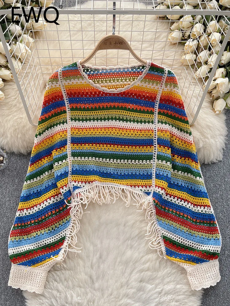 

EWQ Rainbow Color Knitted Hollow Out Tassel Long-sleeve Loose Sweet Style And Youth Woman Blouses Autumn 2023 New 27SN3644