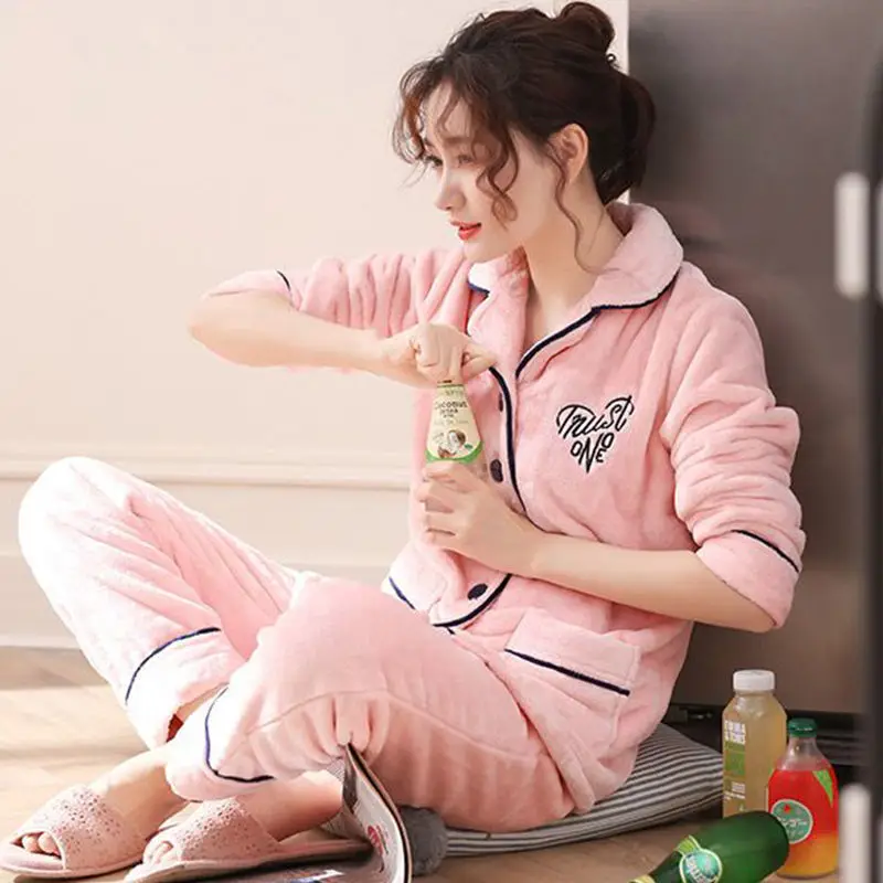 Flannel Pajamas Set Women Winter Warm Single Breasted Pyjamas Long Sleeve Soft Comfortable Sweet Elegant Woman Sleepwear Thicker