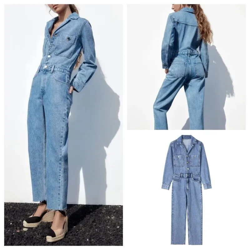 

Новинка Весна 2023, женский комбинезон с отложным воротником и длинными рукавами, с карманами, прямой джинсовый Облегающий комбинезон, подходящий ко всему