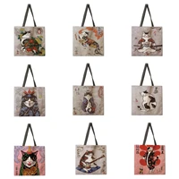 samurai cat print womens shoulder bag double sided print womens handbag shopping bag foldable and reusable